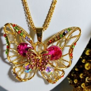 Betsey Johnson Butterfly Necklace with Pink and Multicolor Gems